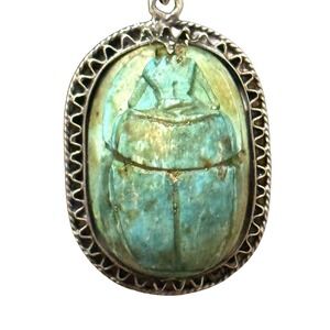 Vtg Sterling 925 Silver Large Blue Scarab Pendent + 22" Chain Necklace Stamped